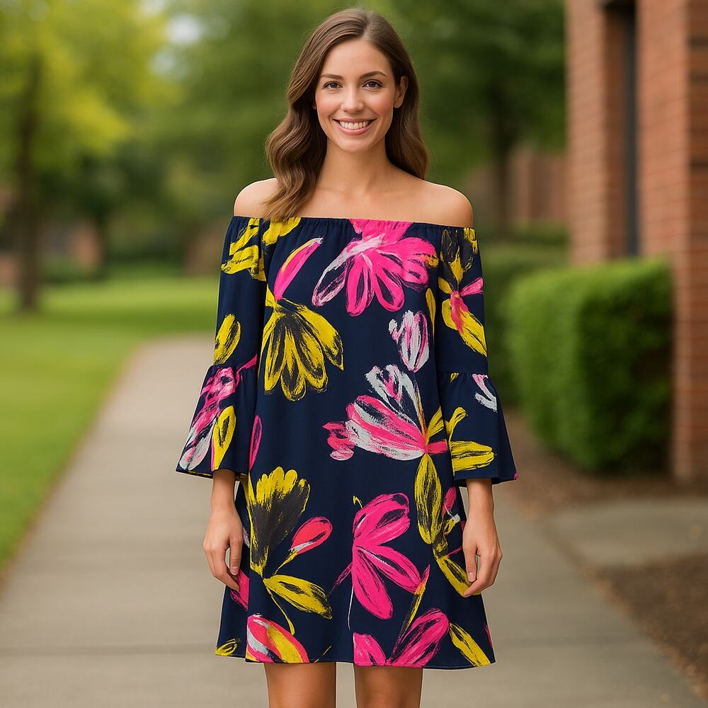 Navy Floral Off Shoulder Bell Sleeve Tunic Shift Mini Dress Size M